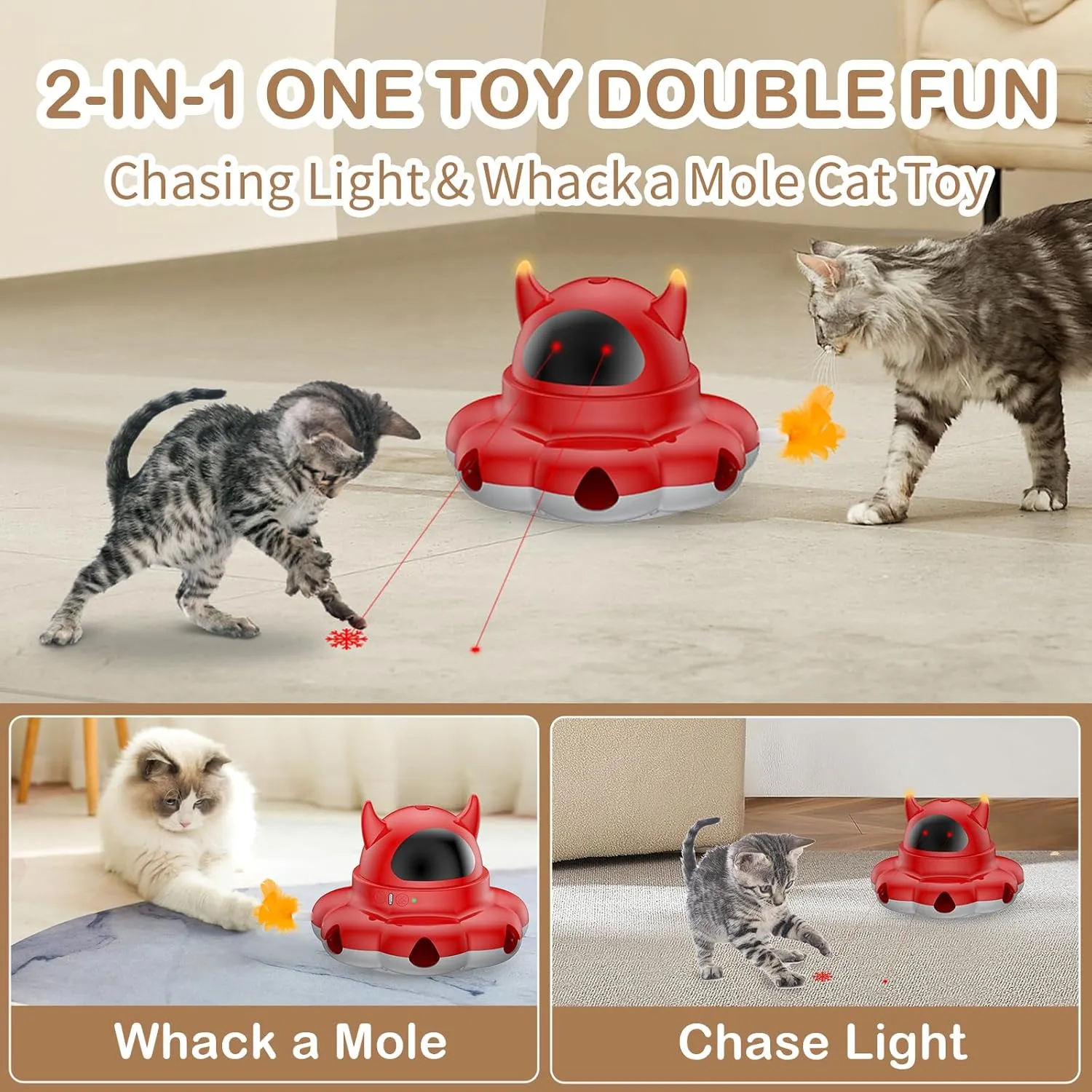 2-in-1 Interactive Cat Toys for Indoor Cats, Automatic Cat Toy with 7 Holes Mice Whack A Mole Moving Feather, Smart Cat Toy (Red)