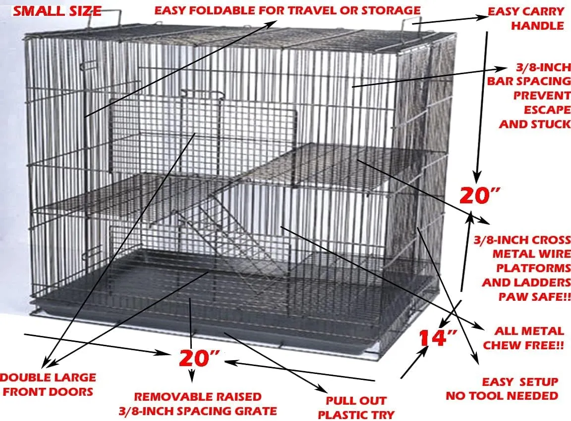 3-Levels Easy Portable Collapsible Ferret Chinchilla Sugar Glider Rats Mouse Animal Critter Chew-Proof Metal Carrier Travel Cage with Narrow 3/8-Inch Bar Spacing Easy to Clean No Tools Needed