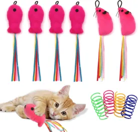 6 Pcs Fish and Mice Catnip Toys Plush Filled, Premium Cat Wand Toy Accessories with Ribbons, Interactive Catnip Toys for Indoor Cats Kitten Exercise, with 4 Pcs Cat Springs