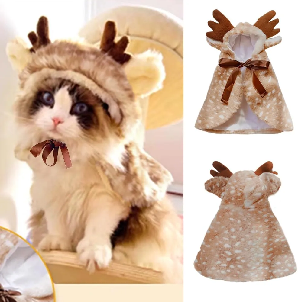 ANIAC Christmas Puppy Reindeer Costume Xmas Dog Elk Cloak with Antlers Cat Santa Cape Christmas Dog Outfit for Small Medium Dog (Large, Brown)