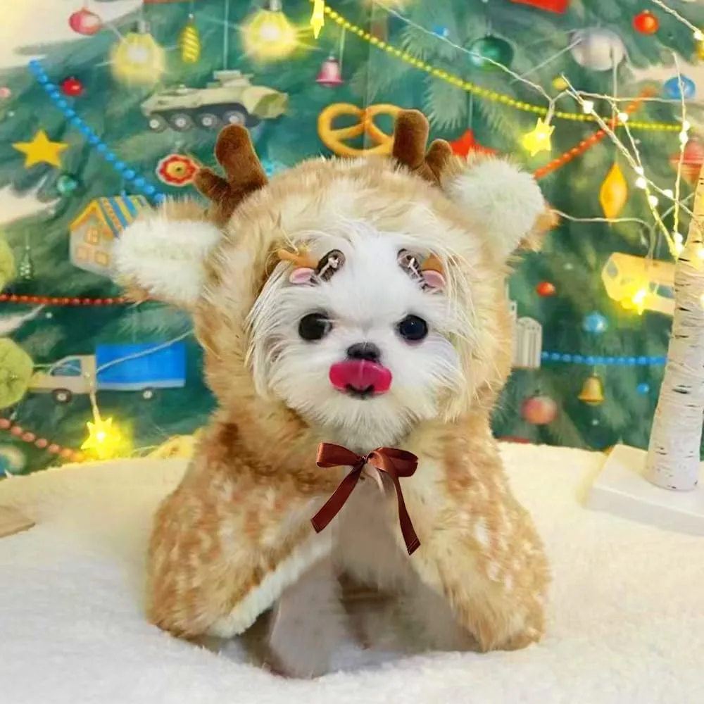 ANIAC Christmas Puppy Reindeer Costume Xmas Dog Elk Cloak with Antlers Cat Santa Cape Christmas Dog Outfit for Small Medium Dog (Large, Brown)