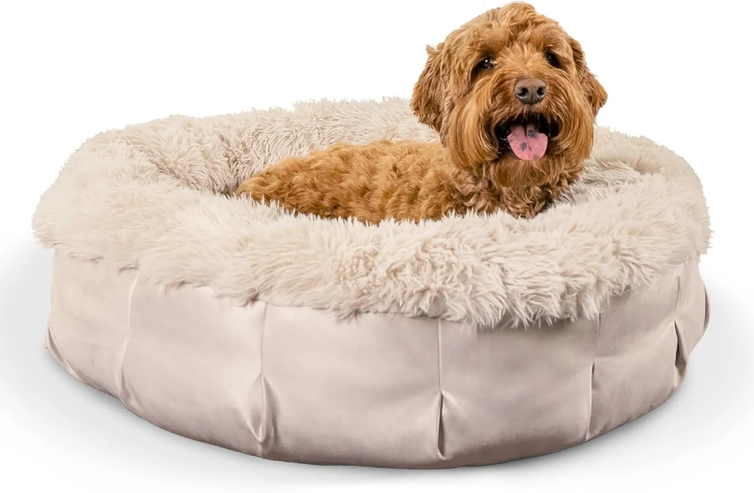 Best Friends by Sheri Ultra Calming Pouf Bed, Orthopedic Round Dog Bed for Joint Support, Faux Fur, Washable Cover, Tan, Medium, 30"x30"