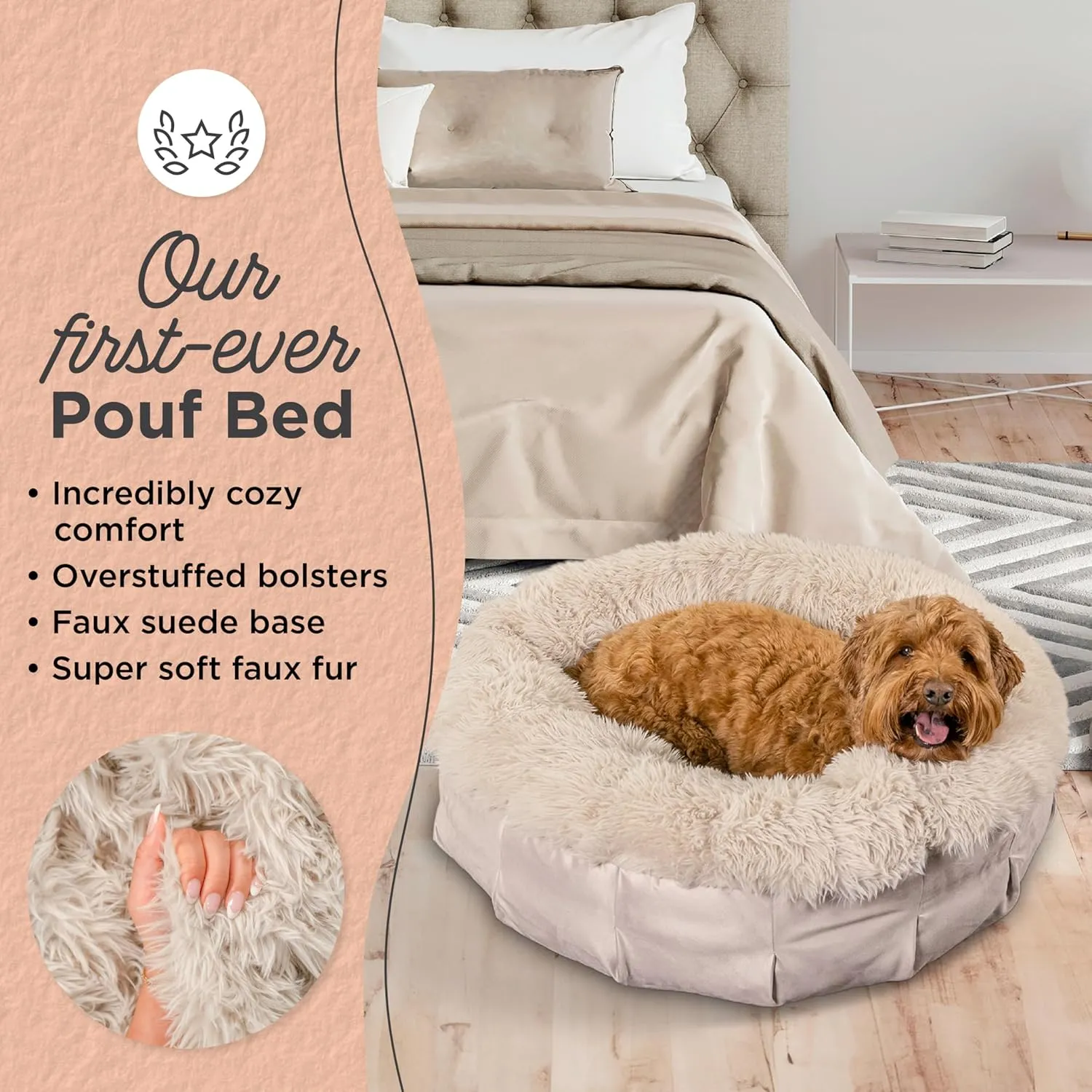 Best Friends by Sheri Ultra Calming Pouf Bed, Orthopedic Round Dog Bed for Joint Support, Faux Fur, Washable Cover, Tan, Medium, 30"x30"