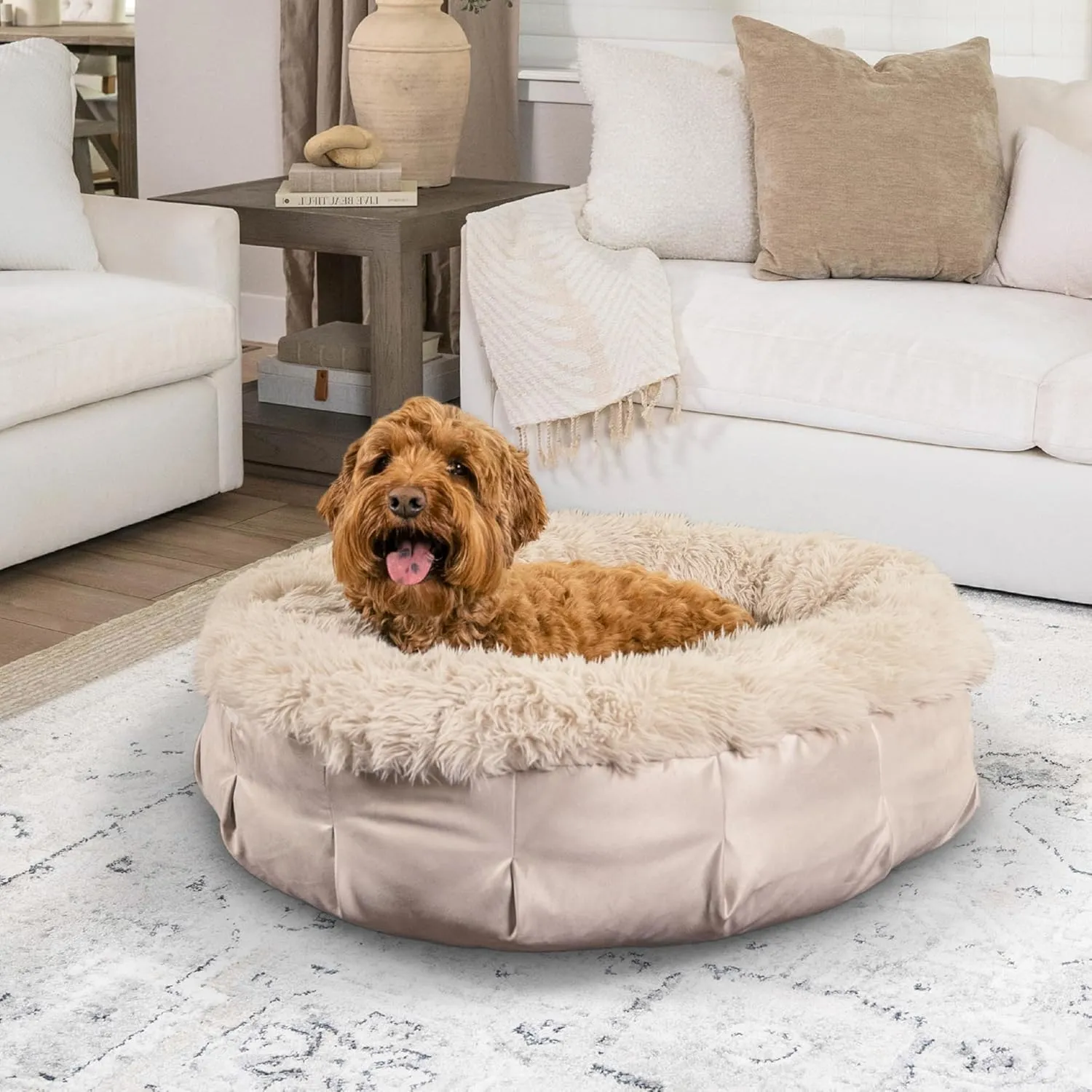 Best Friends by Sheri Ultra Calming Pouf Bed, Orthopedic Round Dog Bed for Joint Support, Faux Fur, Washable Cover, Tan, Medium, 30"x30"