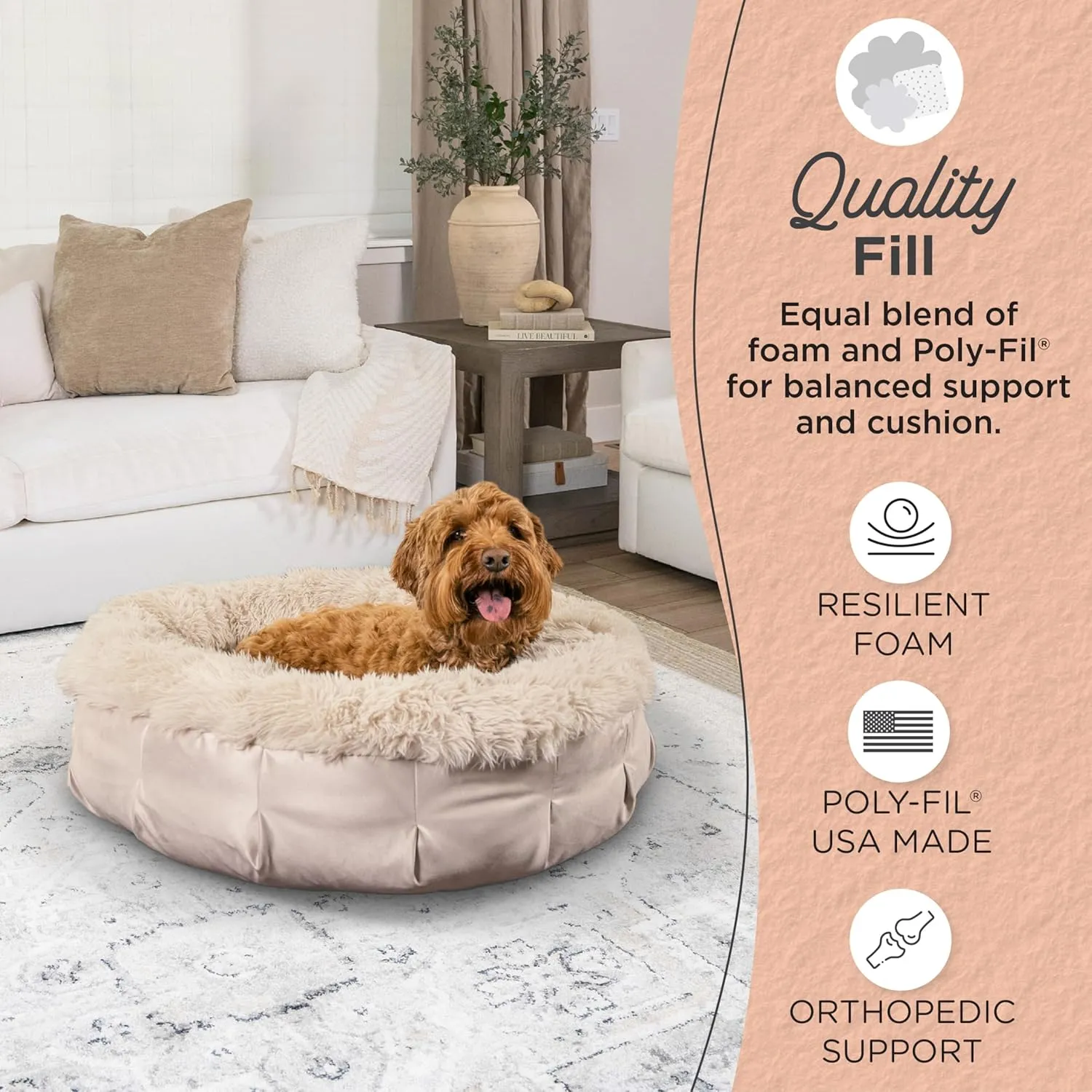 Best Friends by Sheri Ultra Calming Pouf Bed, Orthopedic Round Dog Bed for Joint Support, Faux Fur, Washable Cover, Tan, Medium, 30"x30"
