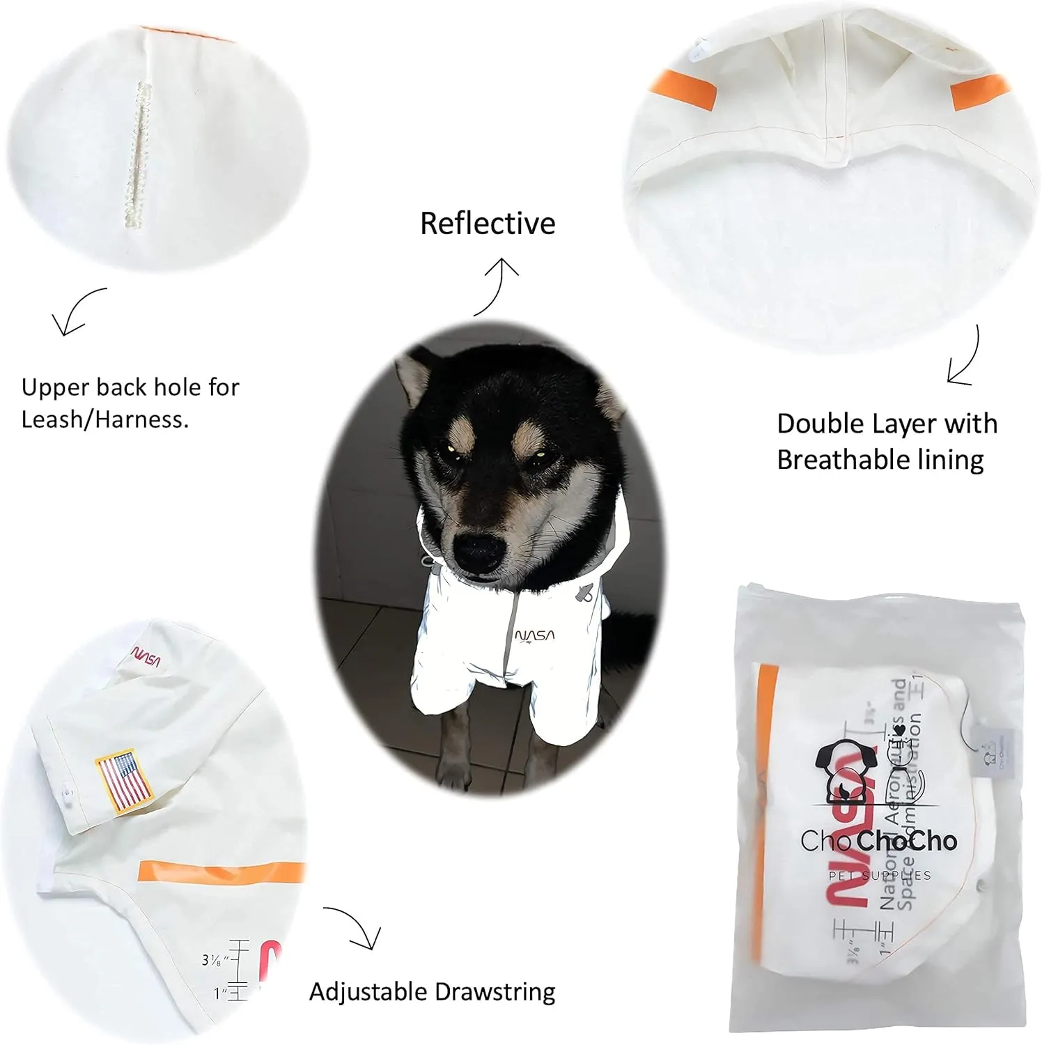 ChoChoCho NASA Raincoats, Reflective Rain Jacket Water Proof, Dog Costume, Cat & Puppy Stylish Streetwear Outfit (White, 2XL)