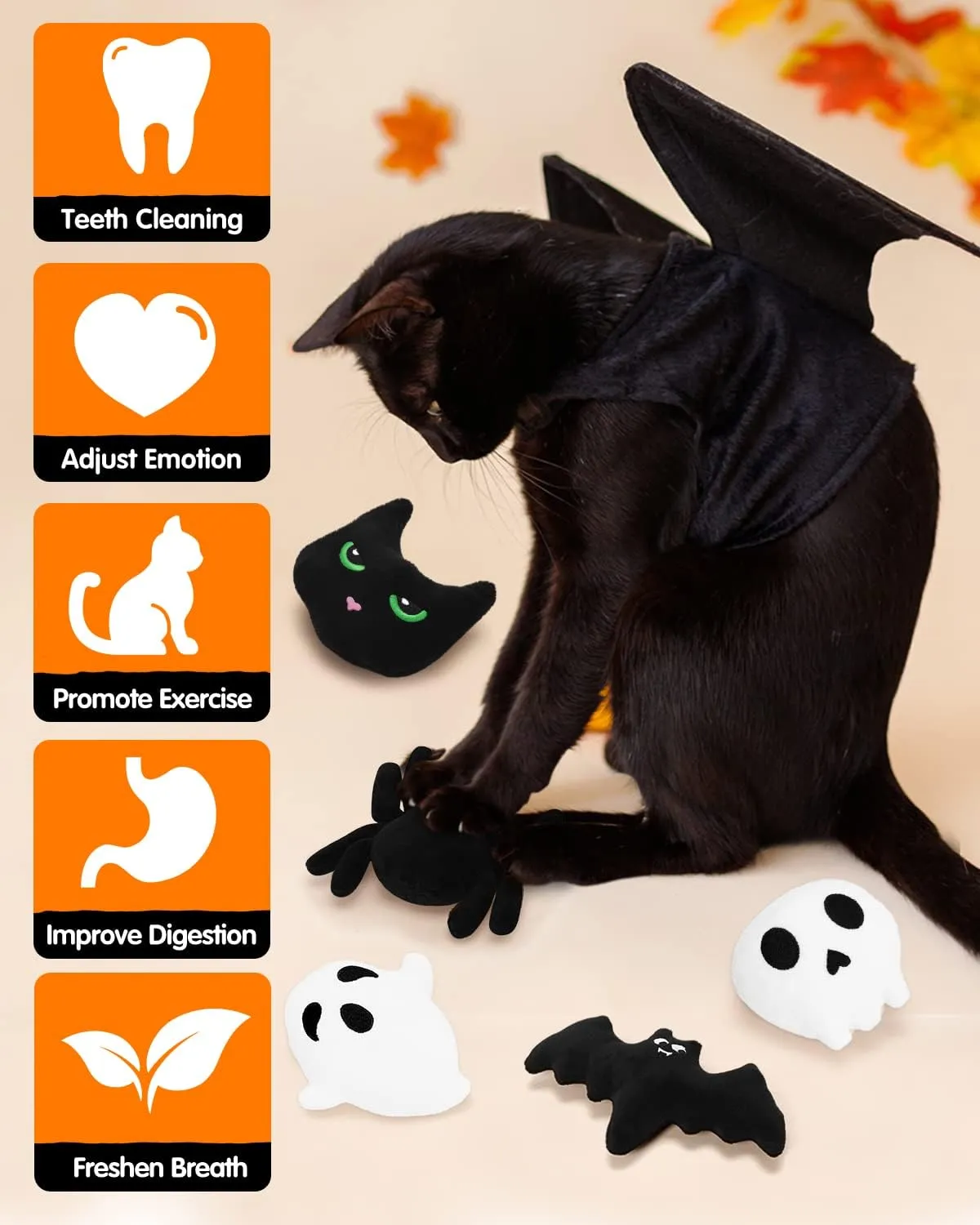 CiyvoLyeen 6PCS Halloween Catnip Toys Plush Cat Chew Bite Toys Teething Interactive Catnip Filled Kitten Toy for Halloween Cat Lover Gift