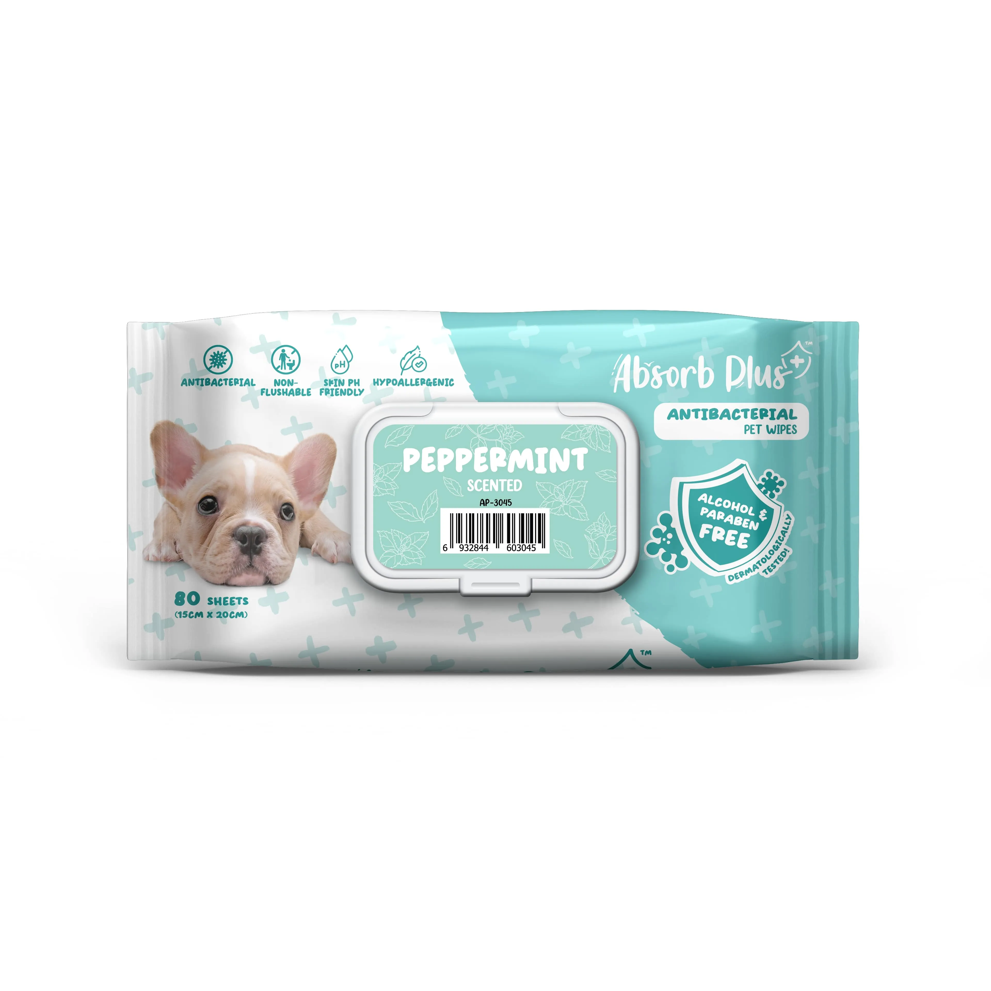 [CTN] Absorb Plus Antibacterial Pet Wipes - Peppermint (80pcs x 12) | Alcohol & Paraben Free