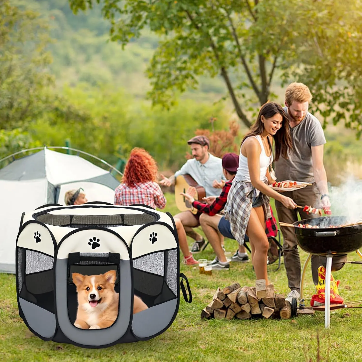 Dog Play Pen Portable Cat House Easy Assemble Pet Indoor/Outdoor Security Cage Red L