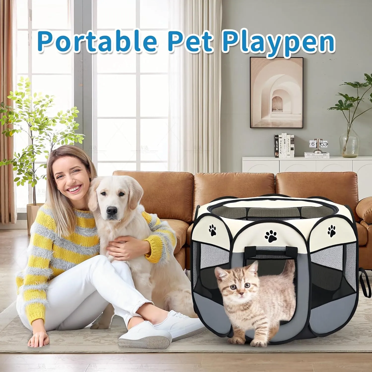 Dog Play Pen Portable Cat House Easy Assemble Pet Indoor/Outdoor Security Cage Red L