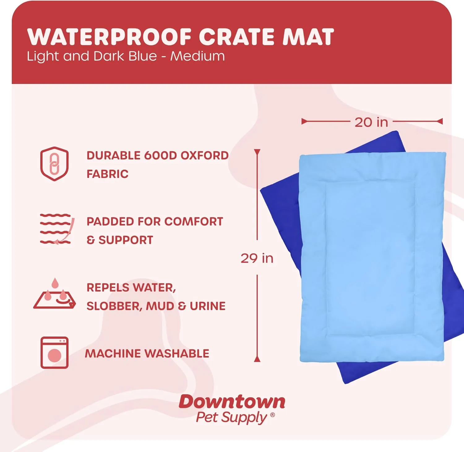 Downtown Pet Supply Dog Crate Pad, 29" x 20" - Waterproof, Ripstop Nylon Dog Crate Mat Chew Proof and Machine Washable - Light and Dark Blue - M