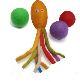 Felt Cat Toys - Soft Hand Made Wool Rainbow Octopus Fish Plus 3 Fun but Quiet Colorful Felted Ball Toys Without Catnip for Indoor Cats and Kittens