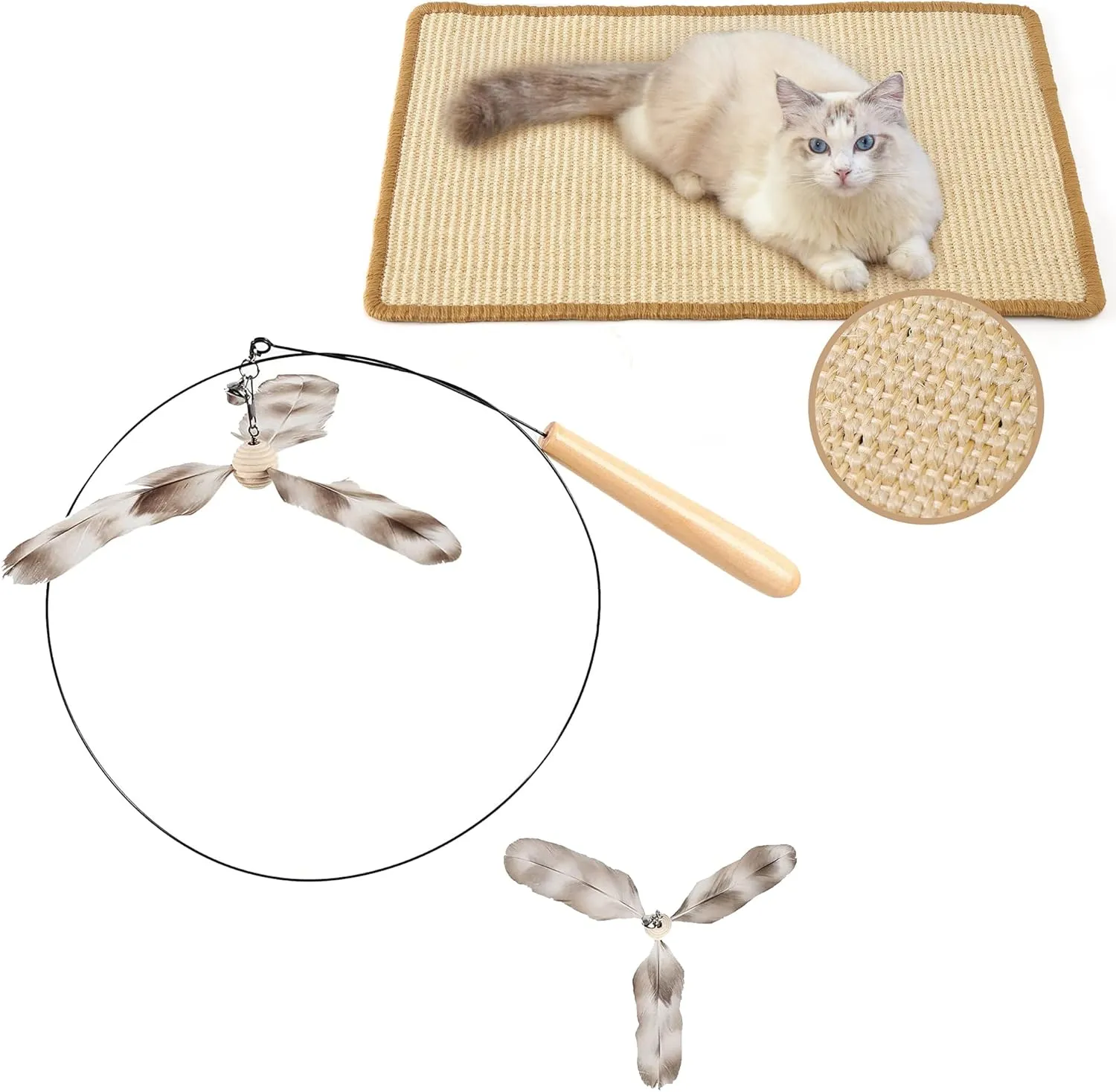 FUKUMARU 23.6 X 15.7 Inch Natural Sisal Cat Scratch Mats, Cat Wand Toy with 2PCS Replacement