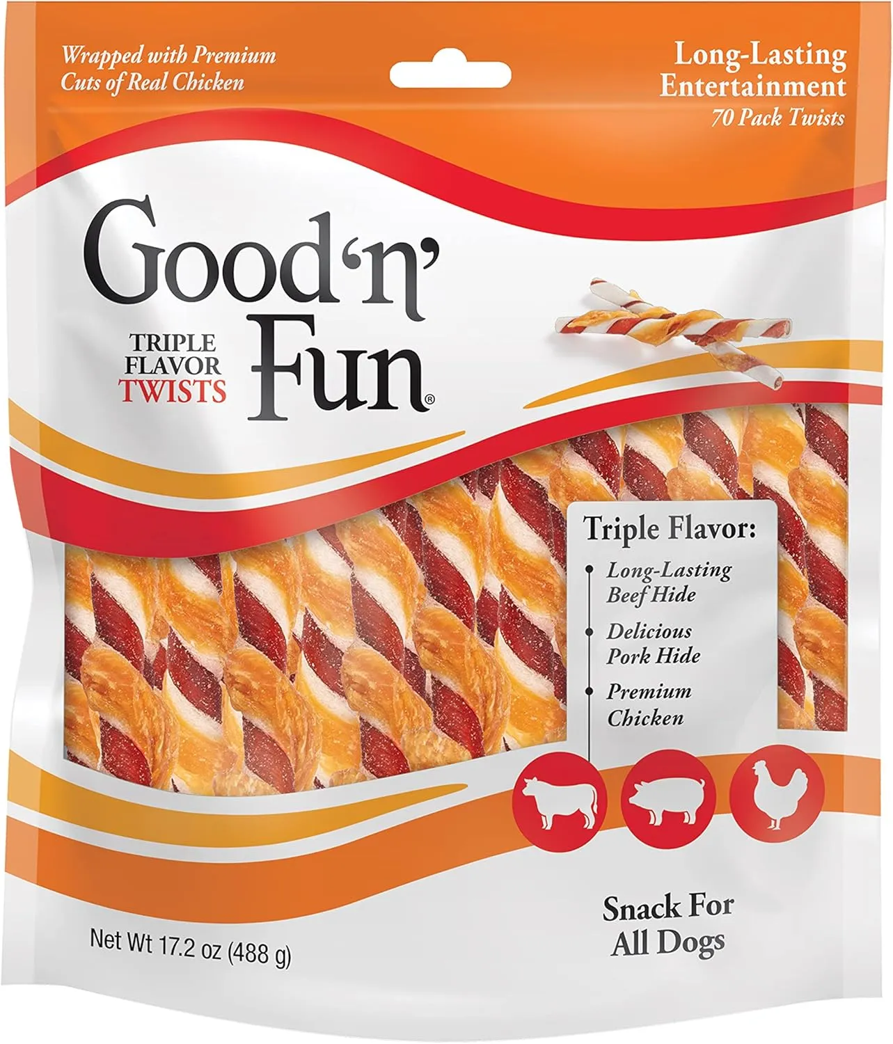 Good'n'Fun Triple Flavor Twists, Dog Chew Sticks, Premium Chicken and Beef Hide Treats for Dogs, 70 Count