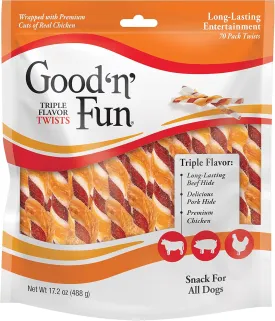 Good'n'Fun Triple Flavor Twists, Dog Chew Sticks, Premium Chicken and Beef Hide Treats for Dogs, 70 Count