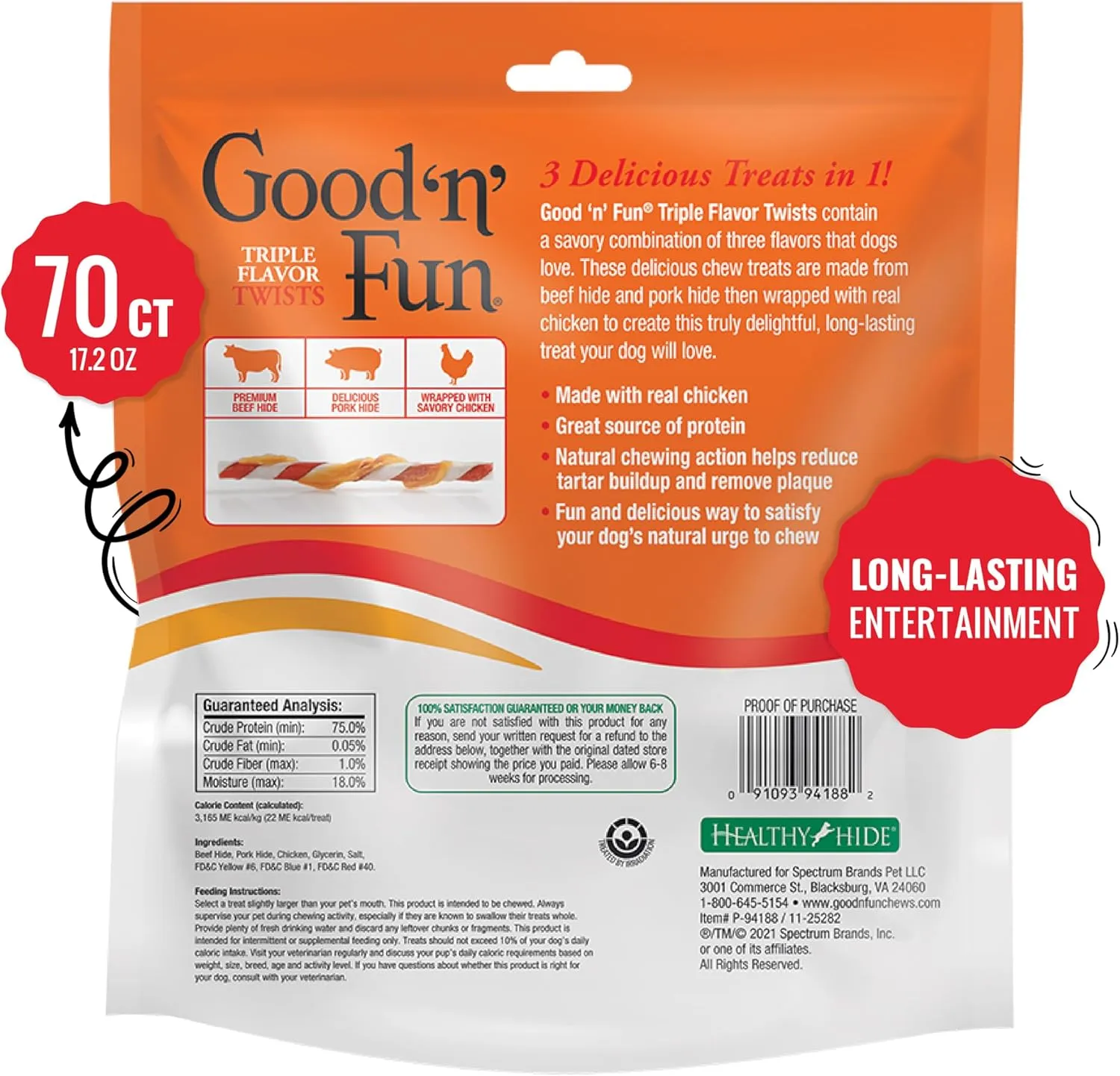Good'n'Fun Triple Flavor Twists, Dog Chew Sticks, Premium Chicken and Beef Hide Treats for Dogs, 70 Count