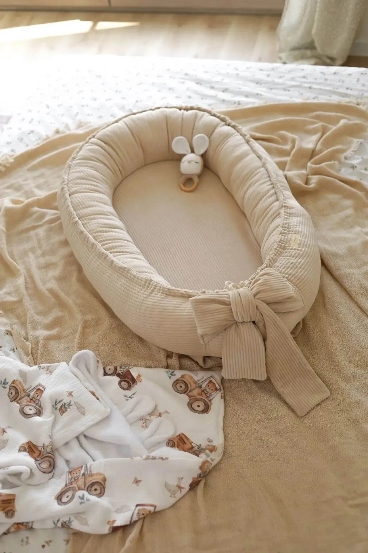 Handmade Soft Corduroy Velour Baby Nest - Beige