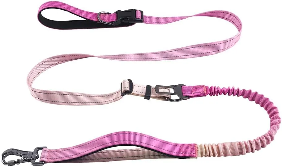 Hands Free Dog Leash with Reflective Stitching Heavy Duty Bungee with Car Seatbelt Adjustable Waist Leashes for Walking Running Hiking (Rose)