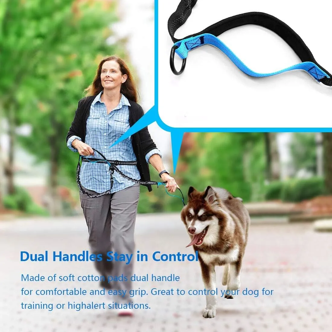 Hands Free Dog Running Leash with Adjustable Waist Belt, Dual Handle Elastic Bungees Retractable Rope for Medium and Large Dogs, Reflective Stitches for Walking Hiking Biking (Large, 25-120lb)