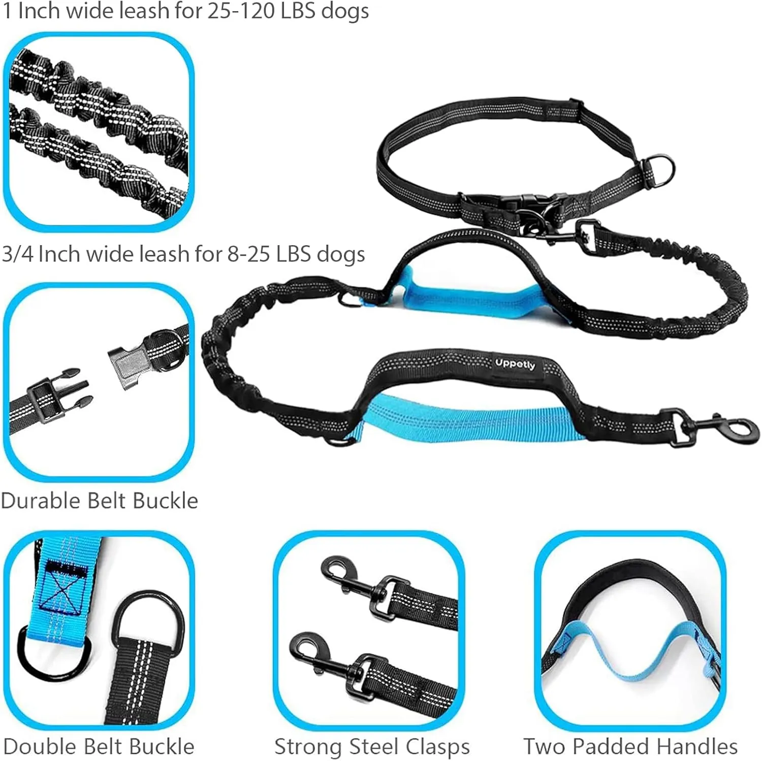 Hands Free Dog Running Leash with Adjustable Waist Belt, Dual Handle Elastic Bungees Retractable Rope for Medium and Large Dogs, Reflective Stitches for Walking Hiking Biking (Large, 25-120lb)