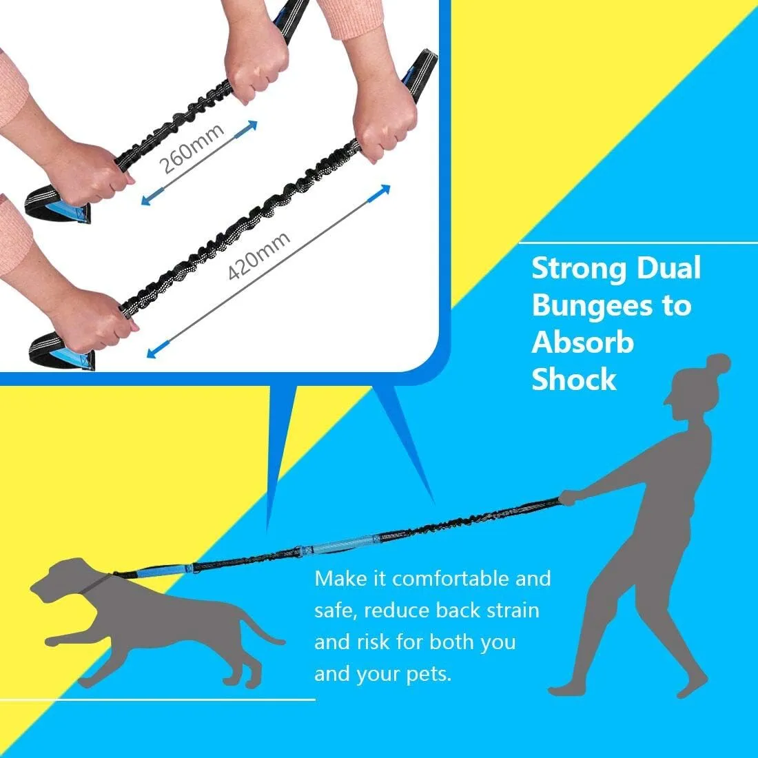 Hands Free Dog Running Leash with Adjustable Waist Belt, Dual Handle Elastic Bungees Retractable Rope for Medium and Large Dogs, Reflective Stitches for Walking Hiking Biking (Large, 25-120lb)