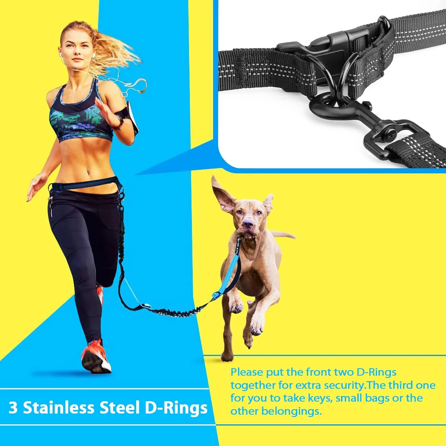 Hands Free Dog Running Leash with Adjustable Waist Belt, Dual Handle Elastic Bungees Retractable Rope for Medium and Large Dogs, Reflective Stitches for Walking Hiking Biking (Large, 25-120lb)