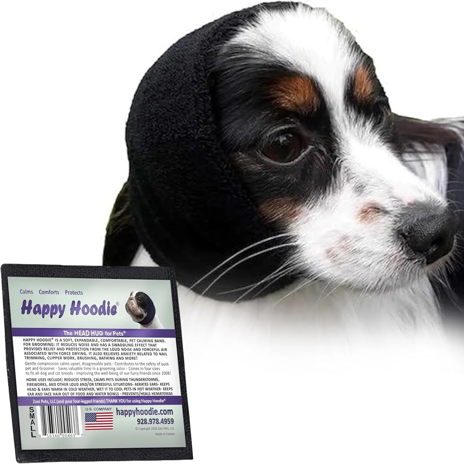 Happy Hoodie The Original Dog & Cat Calming Band, Anxiety Relief/Noise Protection-Grooming-Thunder-Fireworks (Small, Black)