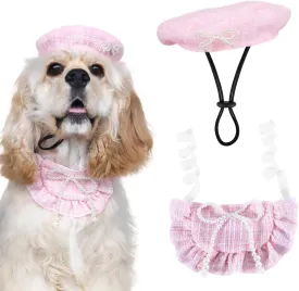 HOWWFALY 2PCS Cat Beret Hat with Pearl Bowtie, Adjustable Bandana Scarf Set Pet Princess Costume for Halloween Christmas, Cat Dog Birthday Party Apparel (Pink Pearl)