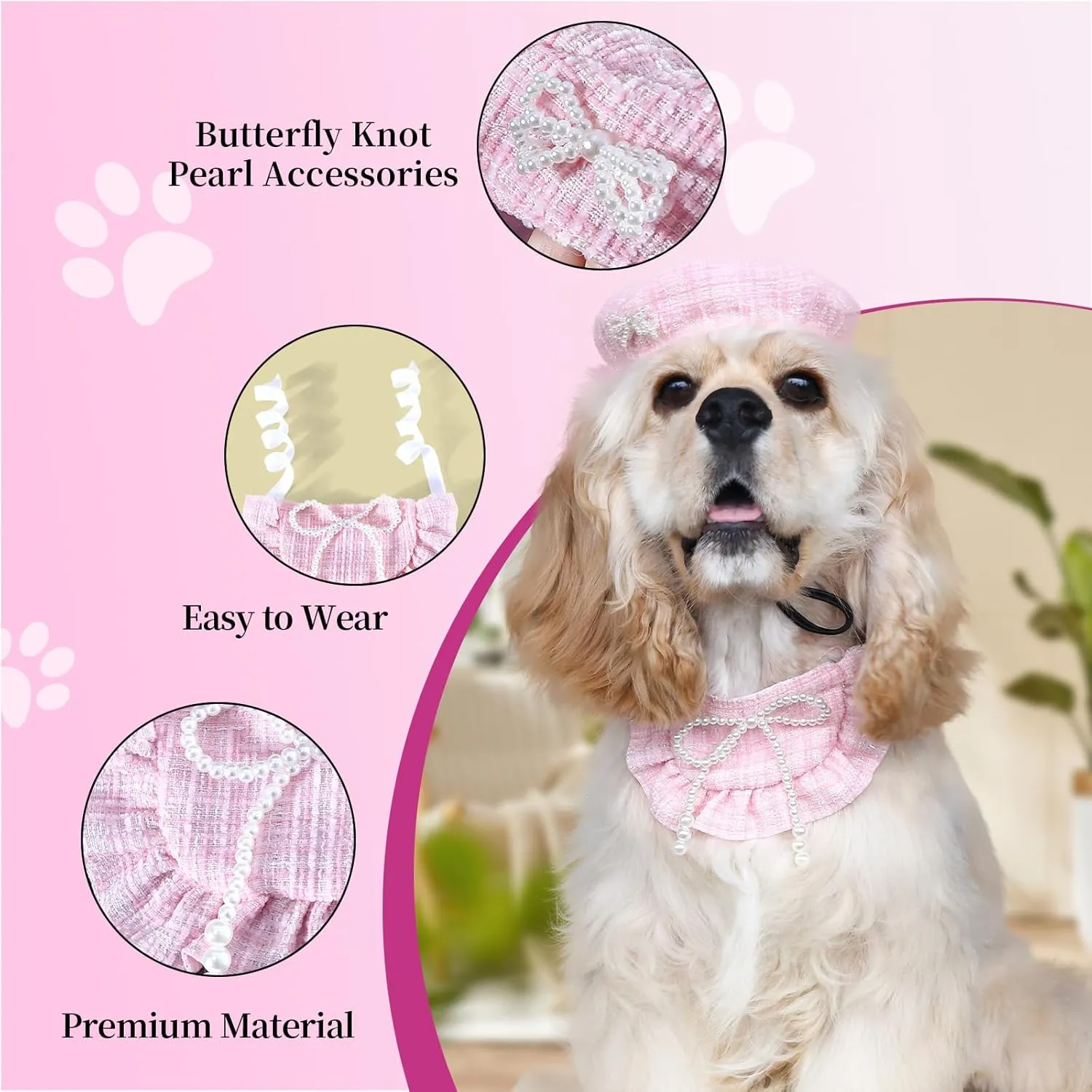 HOWWFALY 2PCS Cat Beret Hat with Pearl Bowtie, Adjustable Bandana Scarf Set Pet Princess Costume for Halloween Christmas, Cat Dog Birthday Party Apparel (Pink Pearl)