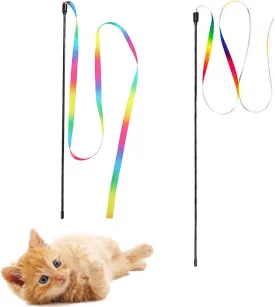 Interactive Cat Rainbow Wand Toys,Colorful Ribbon Sticks, String Toy for Indoor Interactive,Colorful Ribbon Charmer for Most Cats and Kittens Exercise Cat Stick Toy-2Pcs