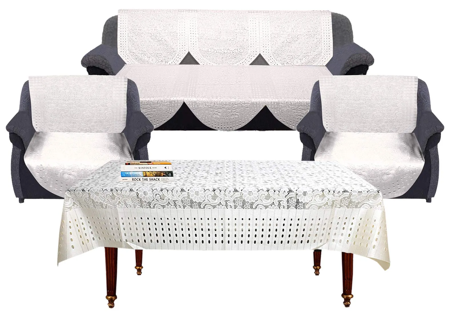 Kuber Industries Flower Design Shining Cotton 7 Piece 5 Seater Sofa Cover with Center Table Cover (Cream) CTKTC34057