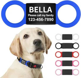 LaReine Silent Slide On Pet ID Tags, Personalized Laser Engraved on Collar, Colored Elastic Silicone Band and S/M/L/XL Black Stainless Steel Cat Dog Name Plate (Blue, Medium)