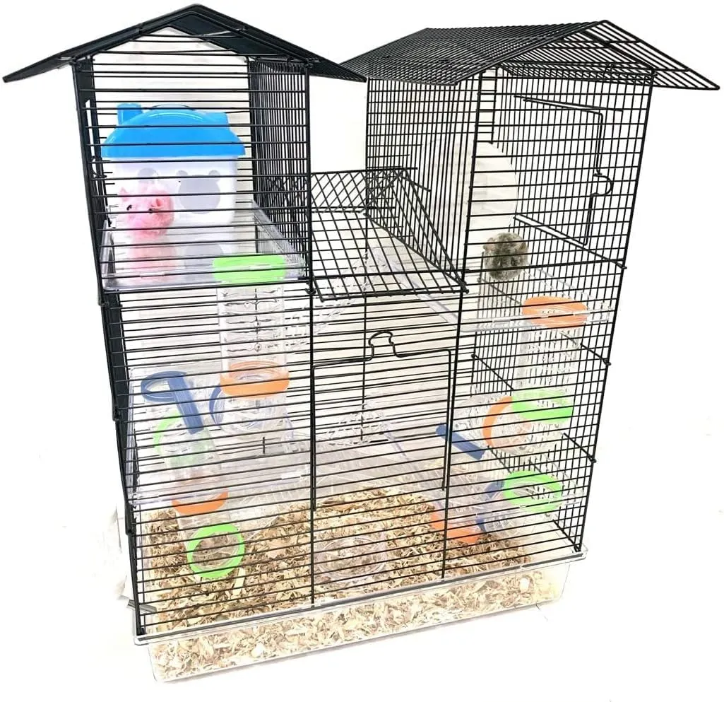 Large Twin Tower 5-Levels Crossing Level Tube Habitat Syrian Hamster Home Rodent Gerbil Mouse Mice Rat Wire Animal Cage with Deep Acrylic Clear Base Hide House Exercise Running Wheel Food Bowl