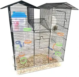 Large Twin Tower 5-Levels Crossing Level Tube Habitat Syrian Hamster Home Rodent Gerbil Mouse Mice Rat Wire Animal Cage with Deep Acrylic Clear Base Hide House Exercise Running Wheel Food Bowl