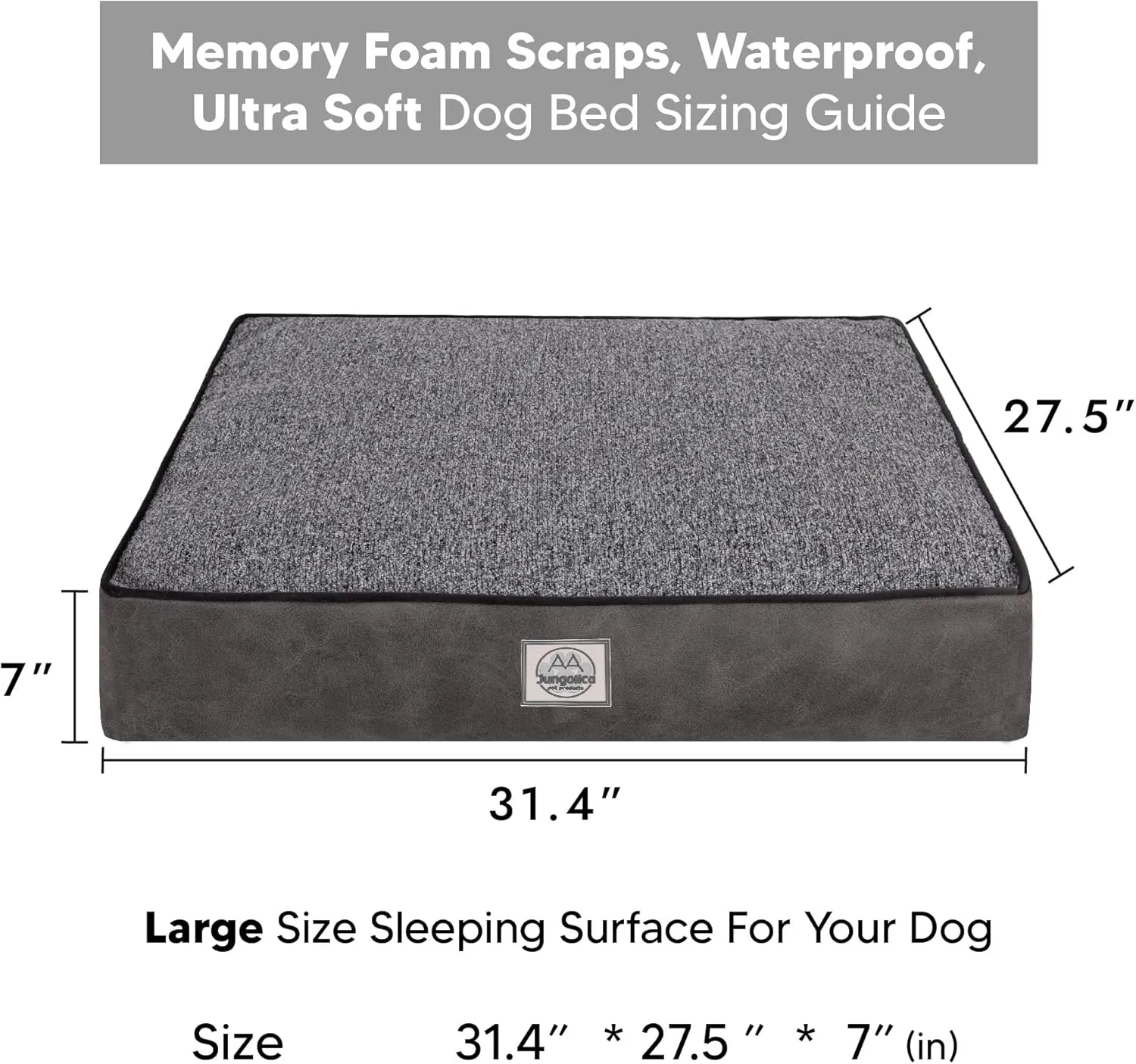 Memory Foam Dog Bed for Large Dogs- Waterproof Dog Bed Mat with Removable Washable Cover, Waterproof Lining and NonSkid Bottom.Grey