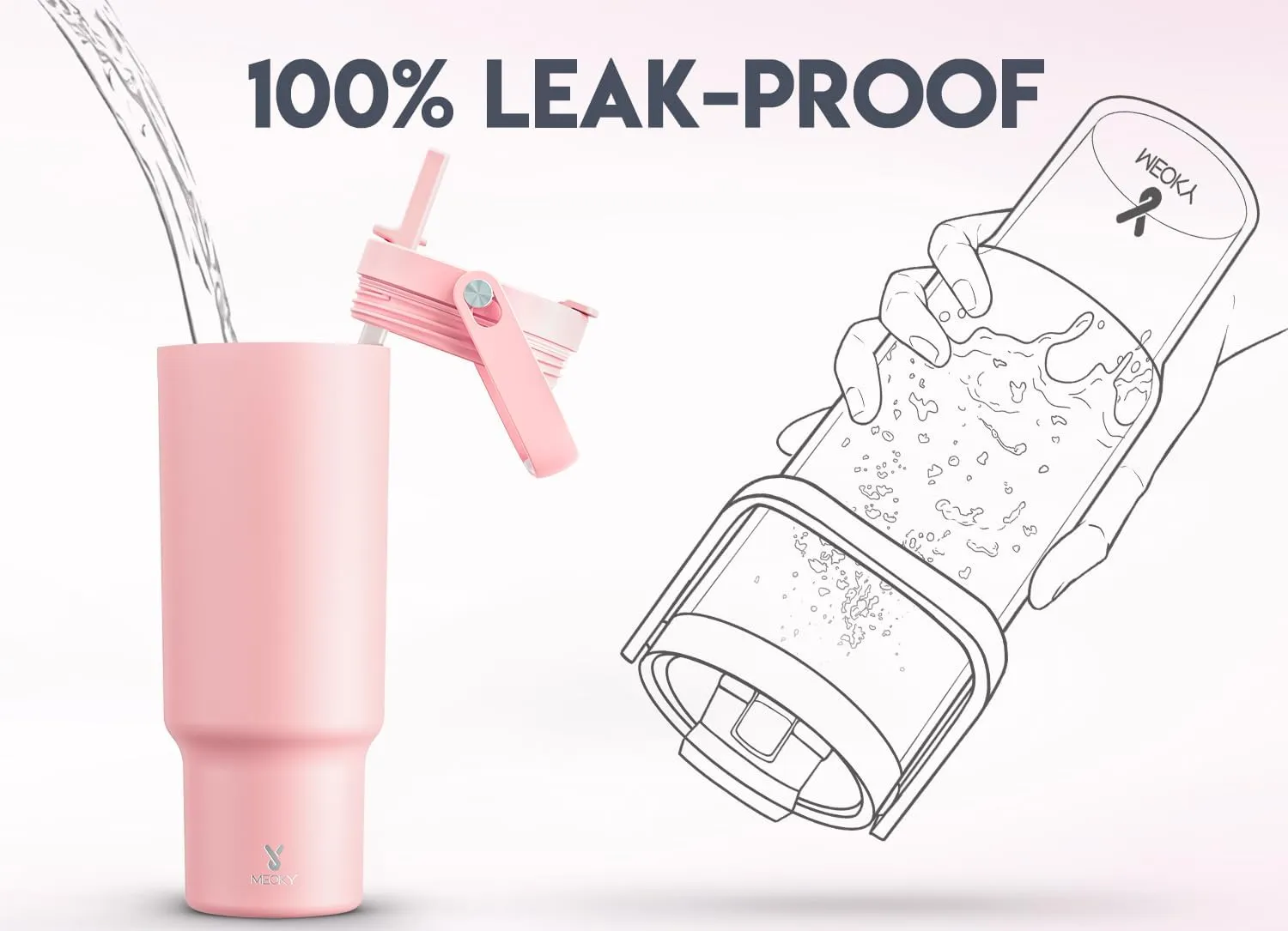 Meoky 40 oz Tumbler with Handle and Straw, Insulated Water Bottle, Stainless Steel Travel Mug, Keeps Cold for 34 Hours, 100% Leak Proof, Fits in Car Cup Holder (Blush)