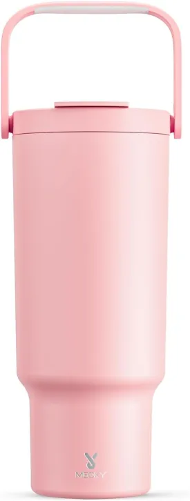 Meoky 40 oz Tumbler with Handle and Straw, Insulated Water Bottle, Stainless Steel Travel Mug, Keeps Cold for 34 Hours, 100% Leak Proof, Fits in Car Cup Holder (Blush)