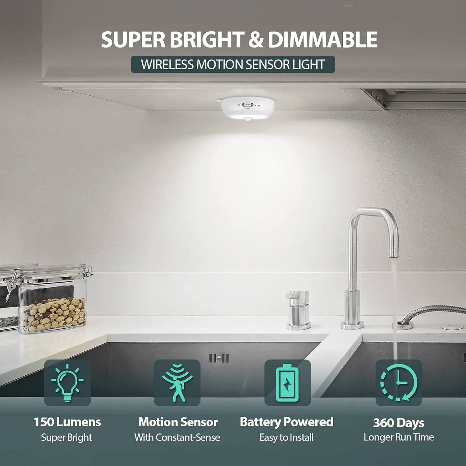 Motion Sensor Light Indoor, LED Night Light Closet Lights, Under Cabinet Lights, AA Battery Operated Stick on Wireless Puck Lights for Wall, Step, Stair, Dimmable (3 Pack)