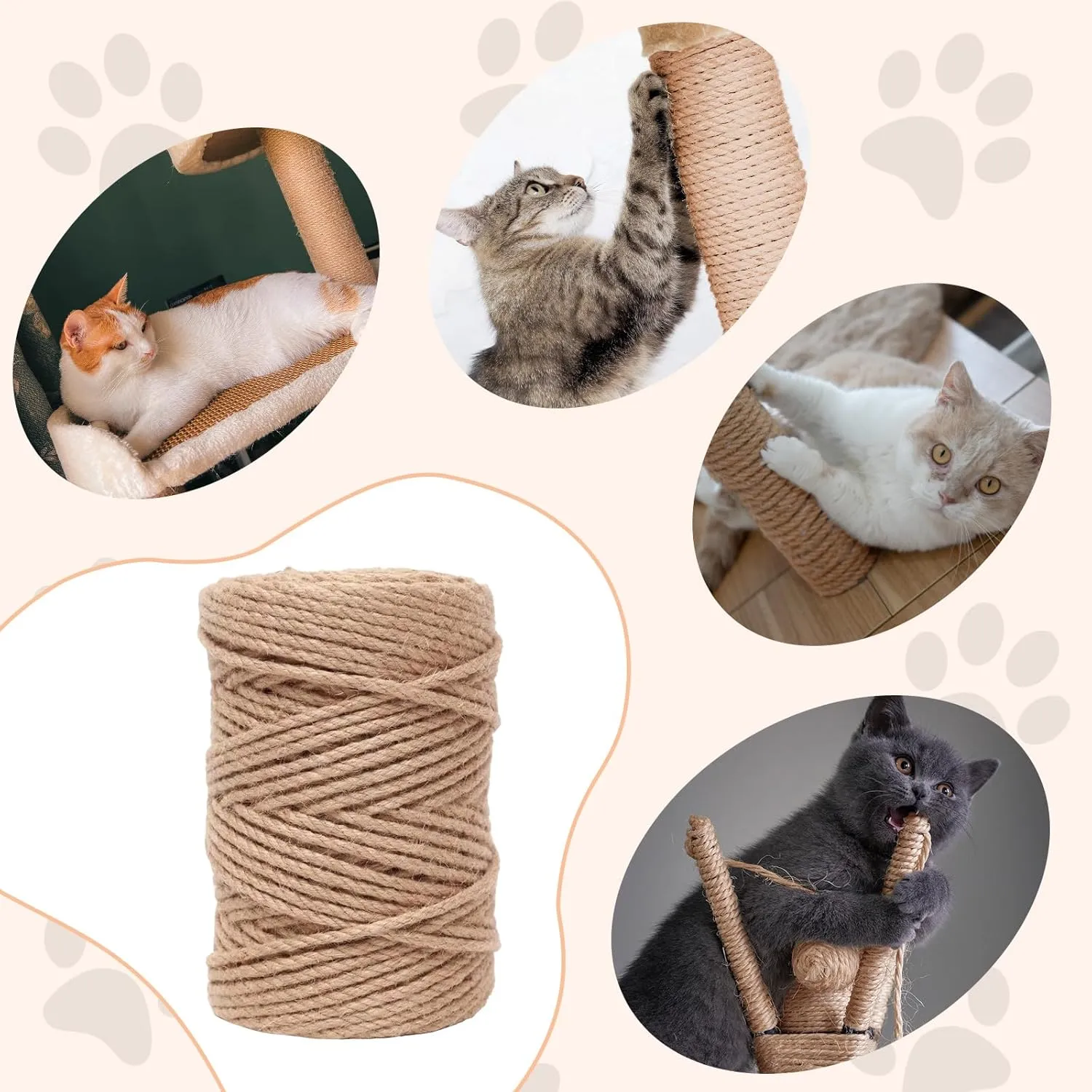 Natural Sisal Rope for Cat Scratcher,Cat Tree Rope Twine for Cat Scratching Post Replacement, Cat Tower with Scratch Post Repairing, Replace, Recovering and DIY1/4 Inch by 33 Feet