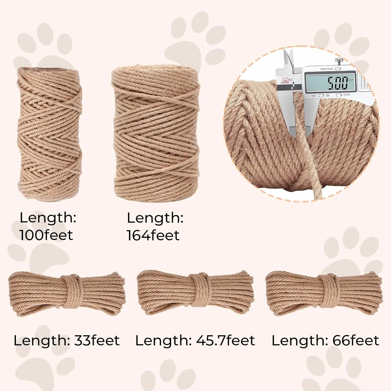 Natural Sisal Rope for Cat Scratcher,Cat Tree Rope Twine for Cat Scratching Post Replacement, Cat Tower with Scratch Post Repairing, Replace, Recovering and DIY1/4 Inch by 33 Feet