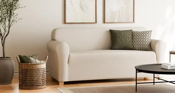 NEW Retails $50 SmartFit Boucle Stretch Sofa Recycled Fabric Slipcover with Performance Fabric, 1-Piece Furniture Cover, Off White, Fabric slipcover