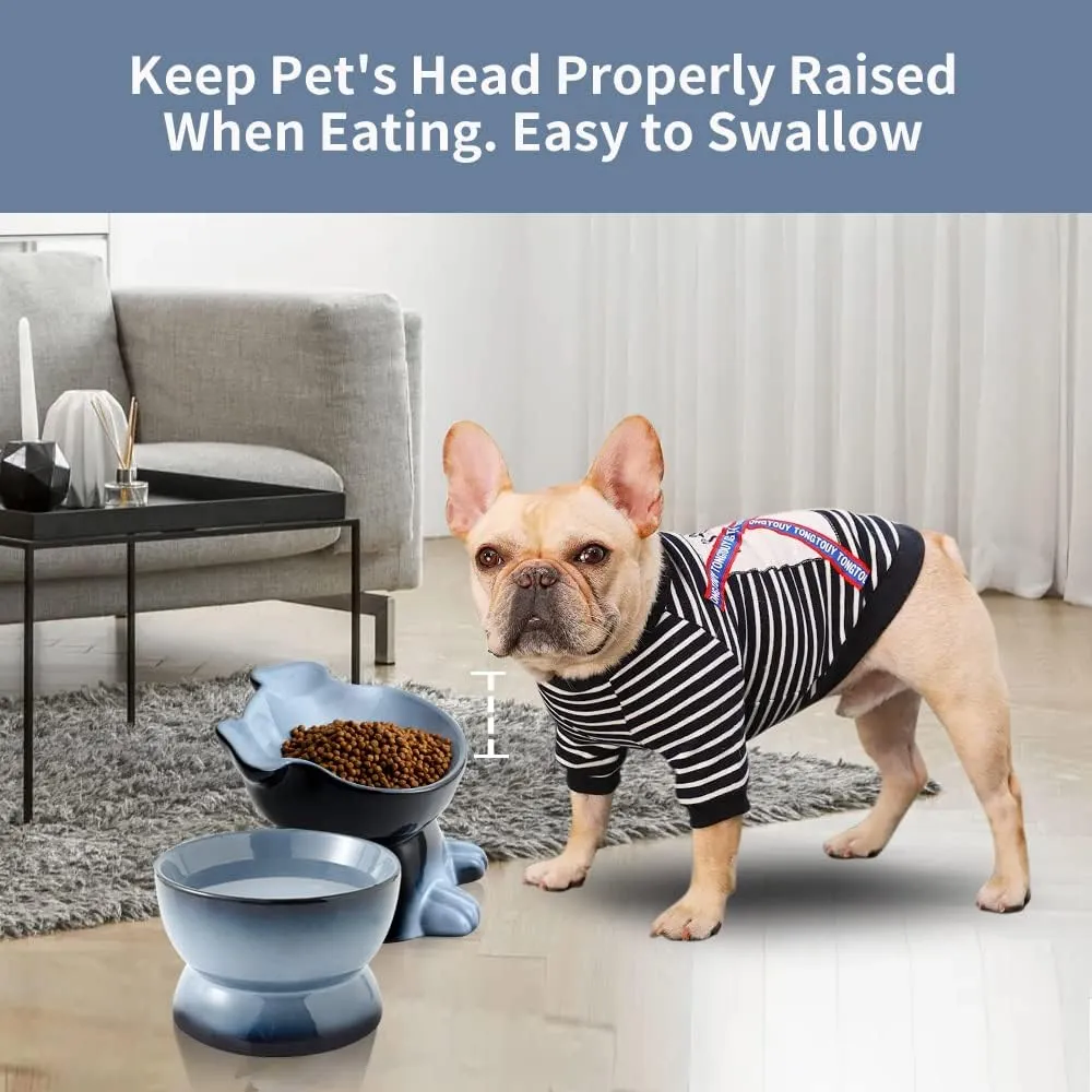 Nihow Dog Food & Water Bowl Set: Elevated Ceramic Dog Bowls for Medium/Small Size Dog - Food Safe Raised Puppy Bowls - Gray Pet Bowl for Protecting Pet's Spine (Set of 2)