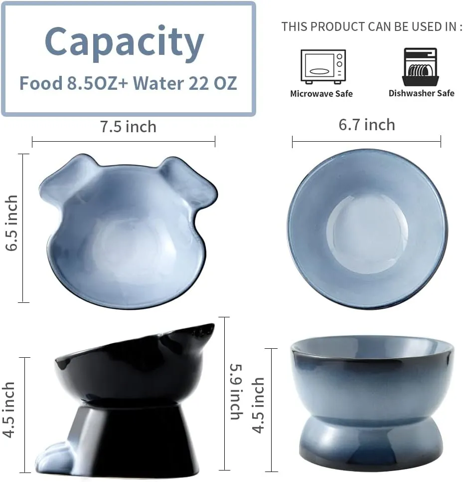 Nihow Dog Food & Water Bowl Set: Elevated Ceramic Dog Bowls for Medium/Small Size Dog - Food Safe Raised Puppy Bowls - Gray Pet Bowl for Protecting Pet's Spine (Set of 2)