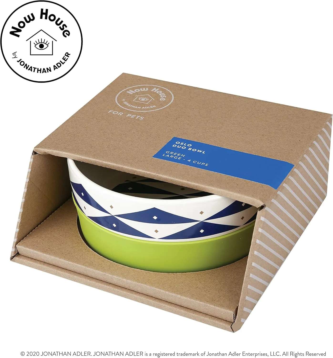 Now House for Pets by Jonathan Adler Oslo Duo Dog Bowl, Large Cute Ceramic Food and Water Bowl, Green (FF16469)