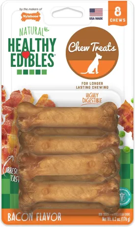 Nylabone Healthy Edibles Natural Dog Chews Long Lasting Bacon Flavor Treats for Dogs, X-Small/Petite (8 Count)
