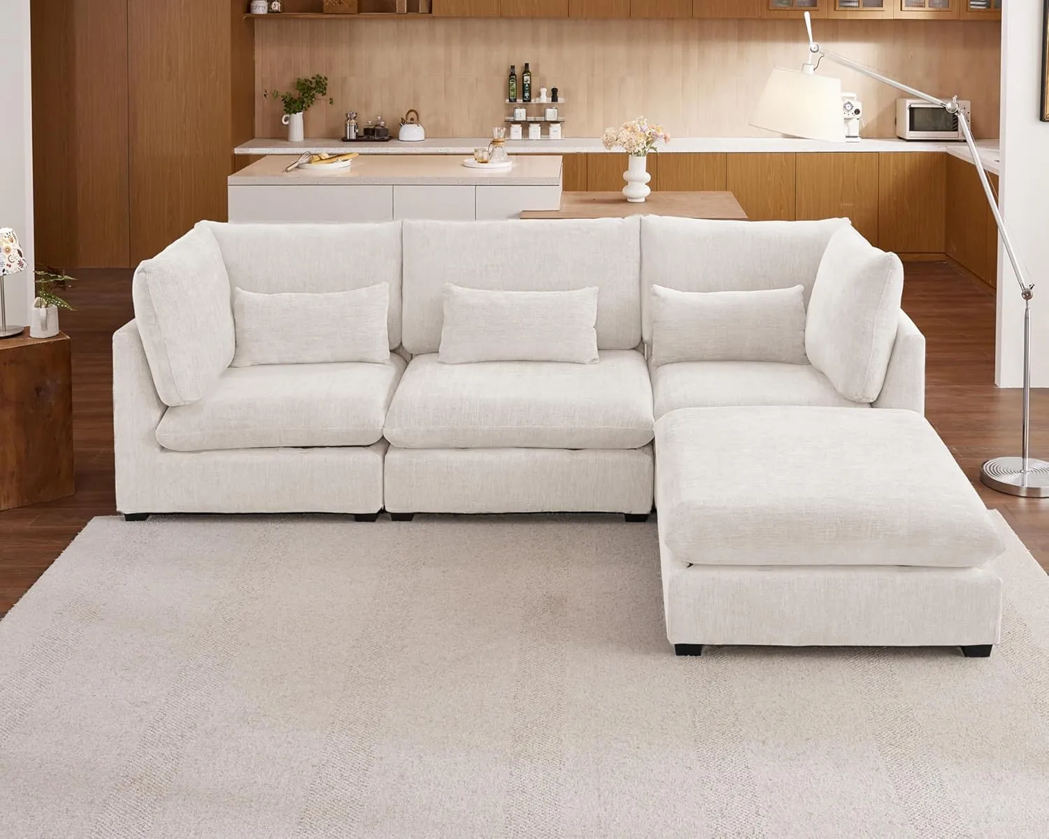 Oversized Modular Sofa, Extra Deep Cloud Chenille Sectional Couch with Ottoman Chaise, Fluffy Chenille 4 Seat L-Shaped Sofa for Living Room, Villa (L Shape 4 Seater, Chenille White)