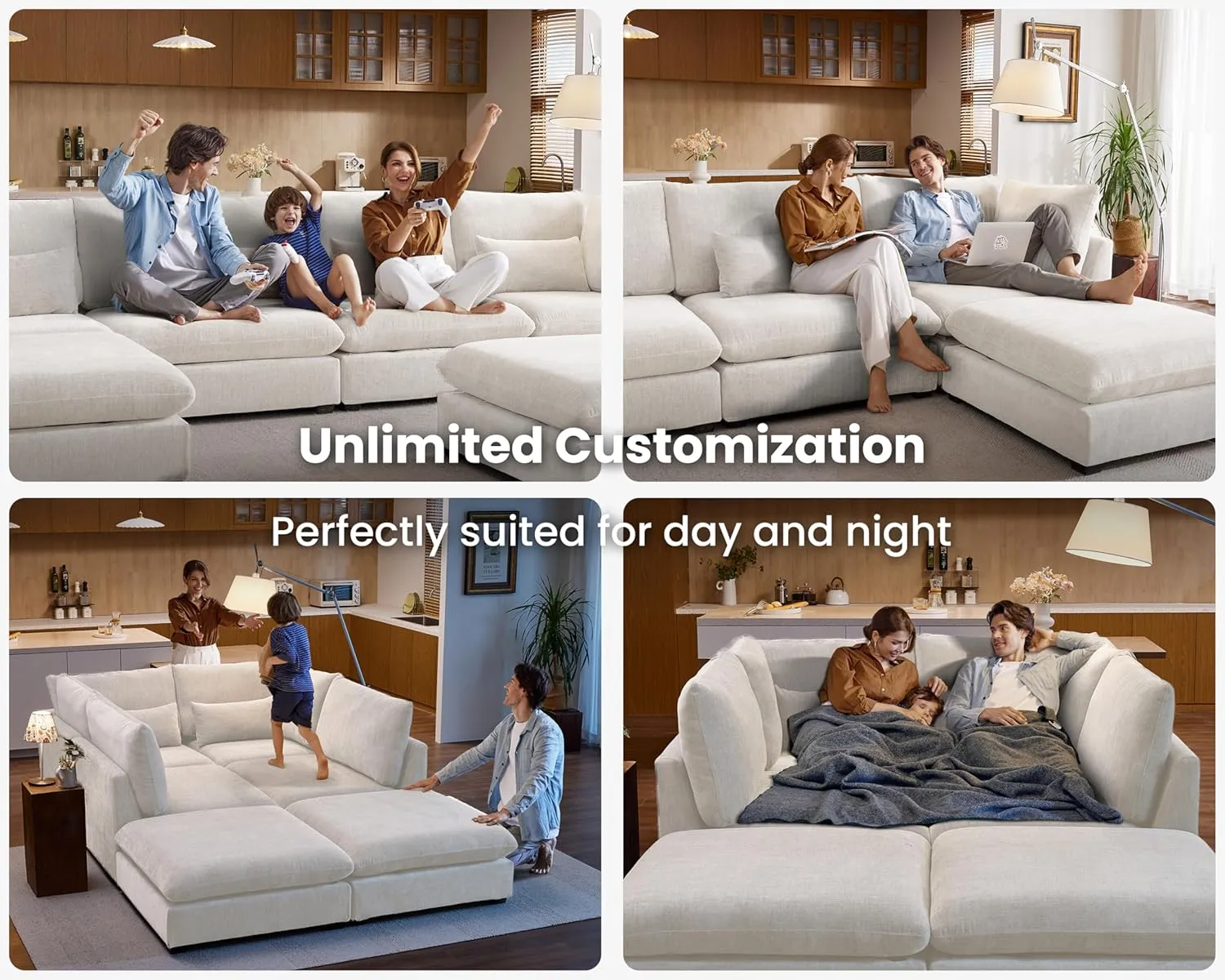 Oversized Modular Sofa, Extra Deep Cloud Chenille Sectional Couch with Ottoman Chaise, Fluffy Chenille 4 Seat L-Shaped Sofa for Living Room, Villa (L Shape 4 Seater, Chenille White)