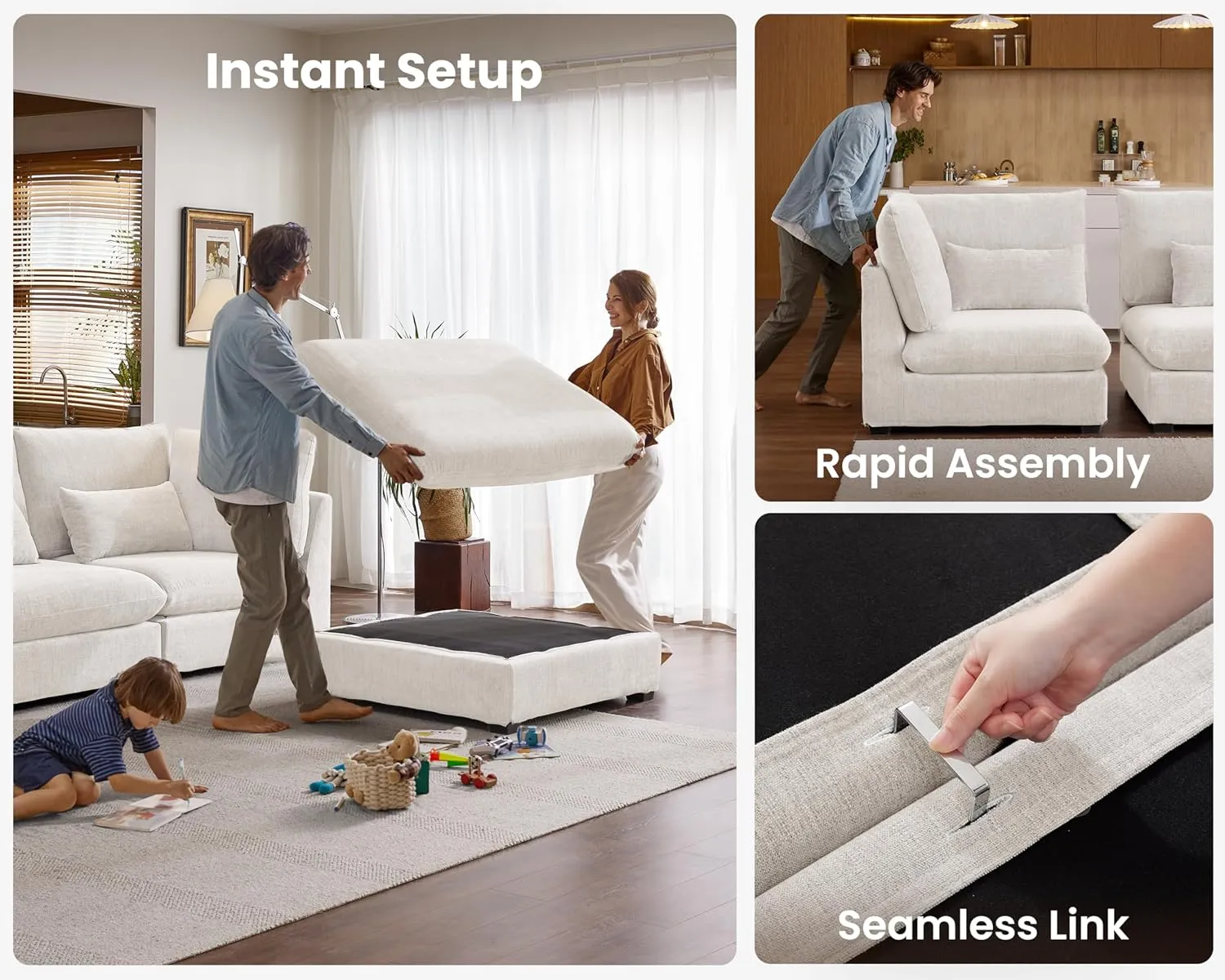 Oversized Modular Sofa, Extra Deep Cloud Chenille Sectional Couch with Ottoman Chaise, Fluffy Chenille 4 Seat L-Shaped Sofa for Living Room, Villa (L Shape 4 Seater, Chenille White)