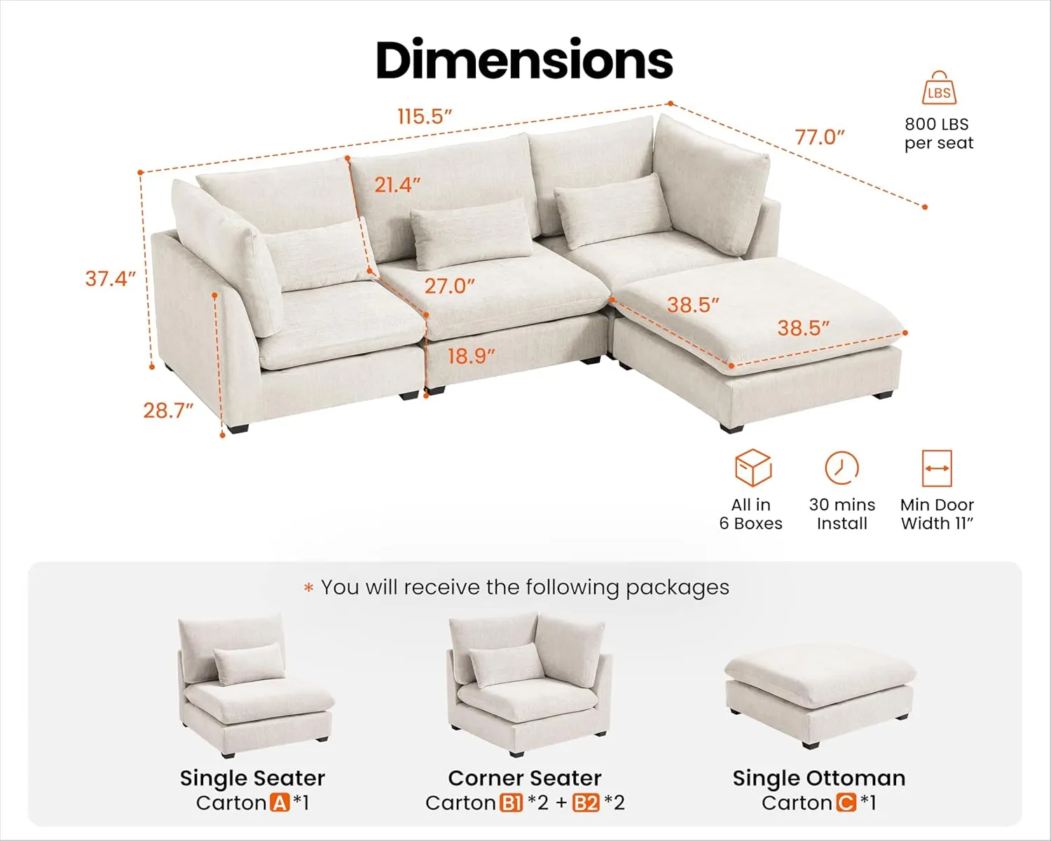 Oversized Modular Sofa, Extra Deep Cloud Chenille Sectional Couch with Ottoman Chaise, Fluffy Chenille 4 Seat L-Shaped Sofa for Living Room, Villa (L Shape 4 Seater, Chenille White)