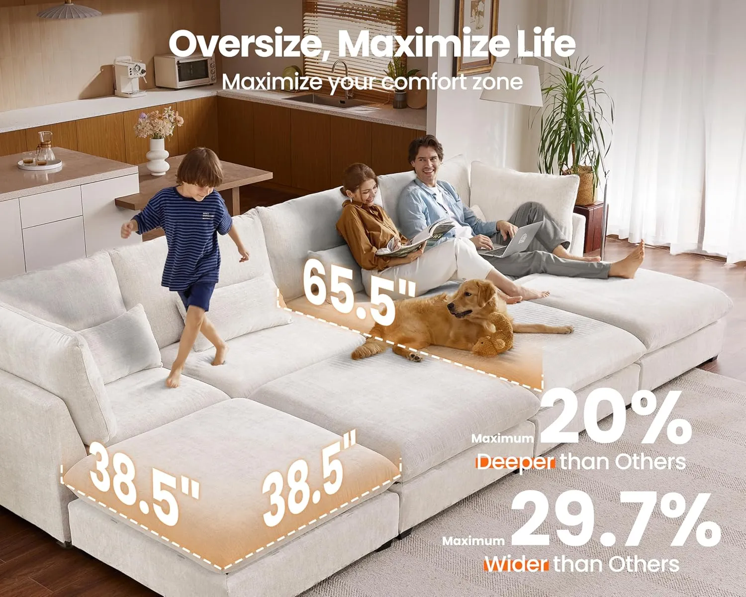 Oversized Modular Sofa, Extra Deep Cloud Chenille Sectional Couch with Ottoman Chaise, Fluffy Chenille 4 Seat L-Shaped Sofa for Living Room, Villa (L Shape 4 Seater, Chenille White)